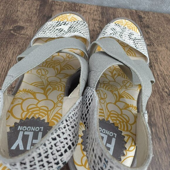 Fly London Yaji Wedges Sandals 38 7 Grey Cream Snakeskin Cross Strappy Leather - Picture 11 of 14